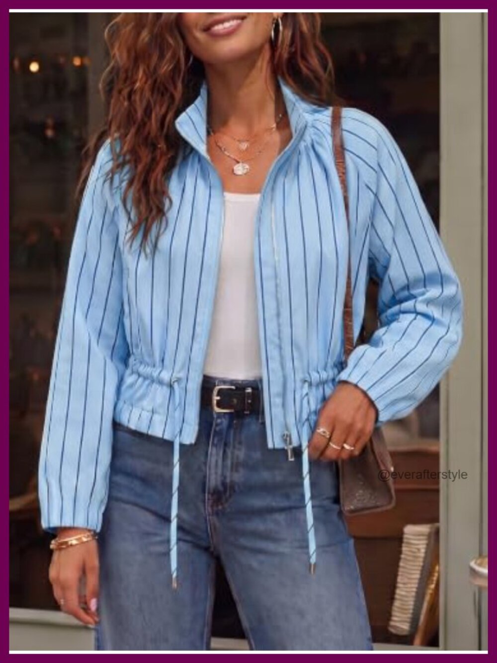 Fisoew Striped Zip Up Cropped Jacket Stand Collar Casual Fall Coat - Picture 3 of 5